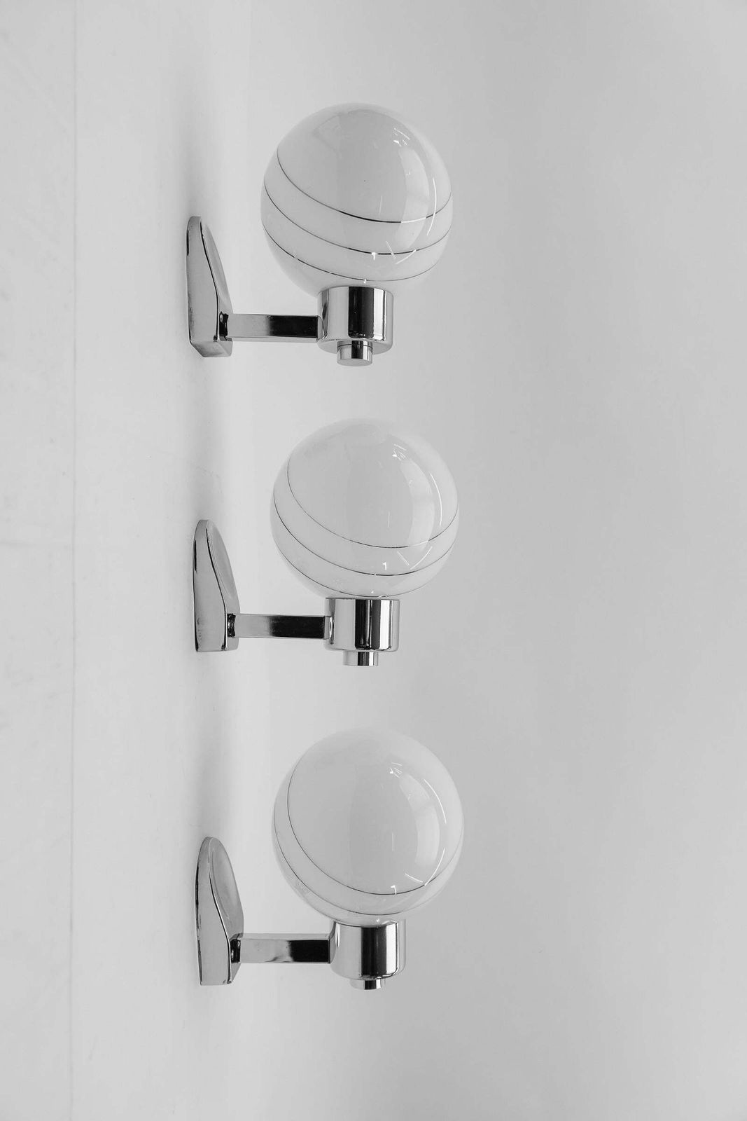 Set Of 3 Space Age Chrome Wall Lamps With Milk Glass Ball Shades, 1970s photo furniture