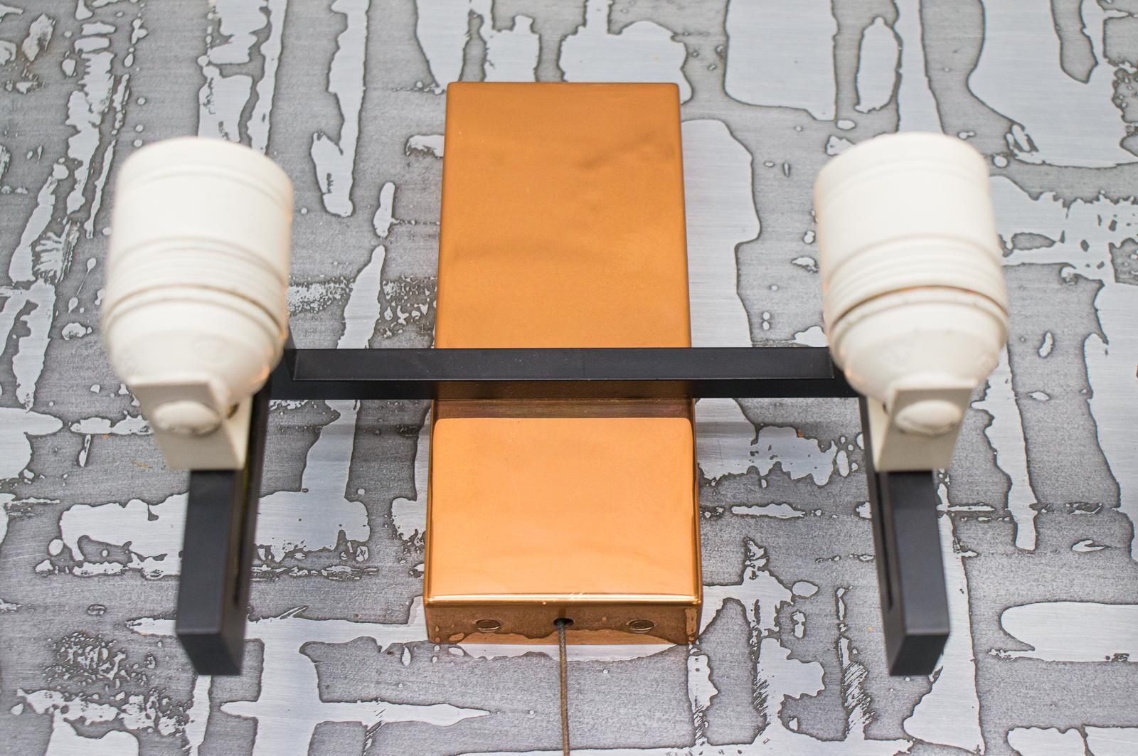 Pair Of Double Midcentury Copper And Milk Glass Tubes Wall Lamps, Austria, 1960s photo vintage