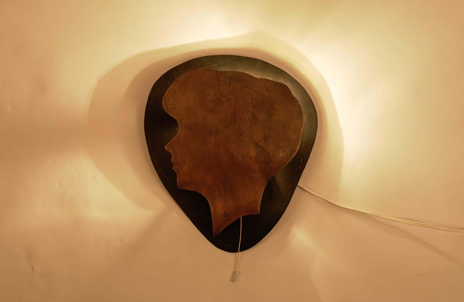 Handmade Woman's Head Wall Lamp In Solid Copper And Metal photo Lighting