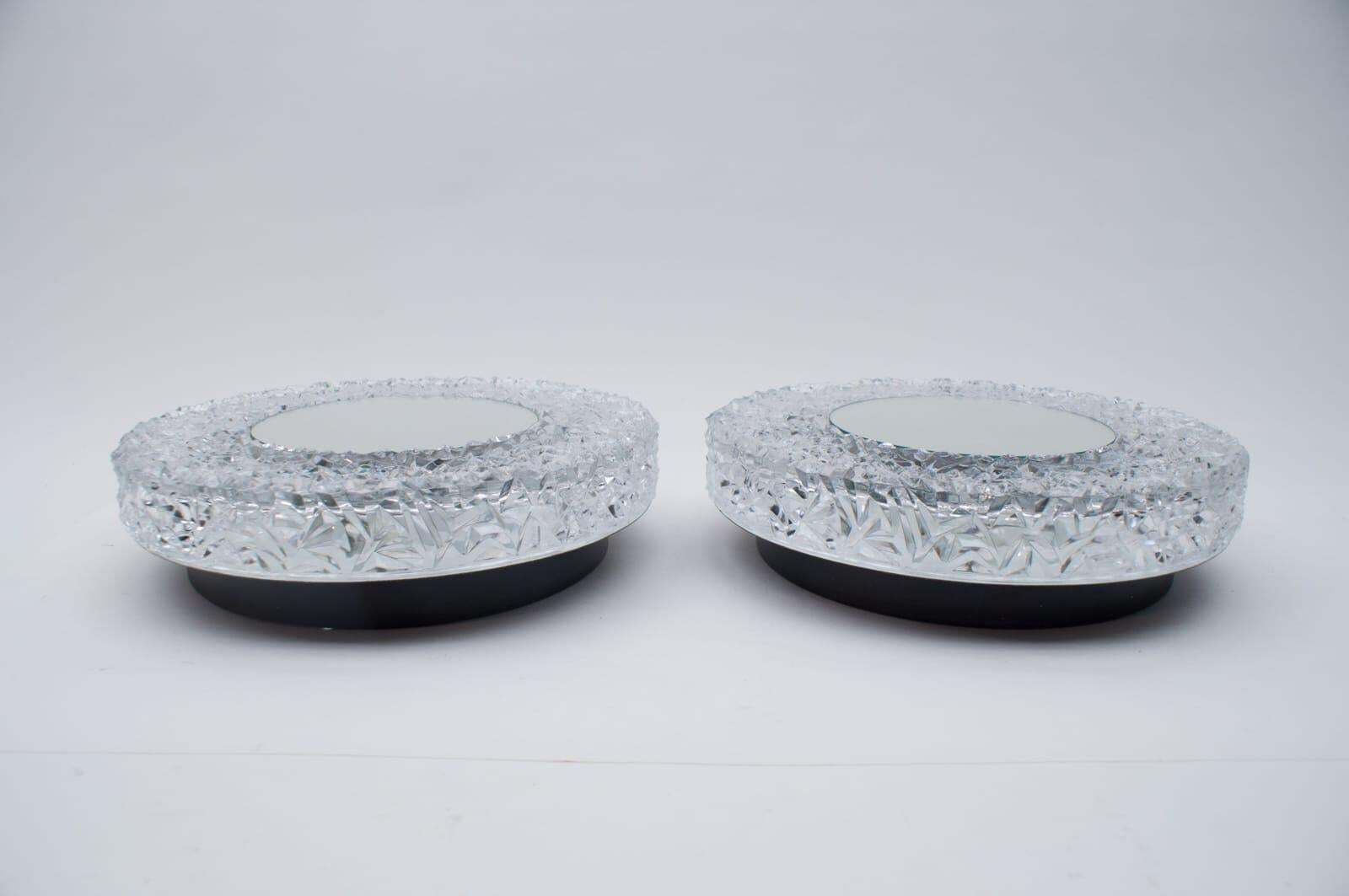 Set Of 2 Textured Glass And Mirror Ceiling Wall Flushmounts, Hillebrand, 1960s photo for sale