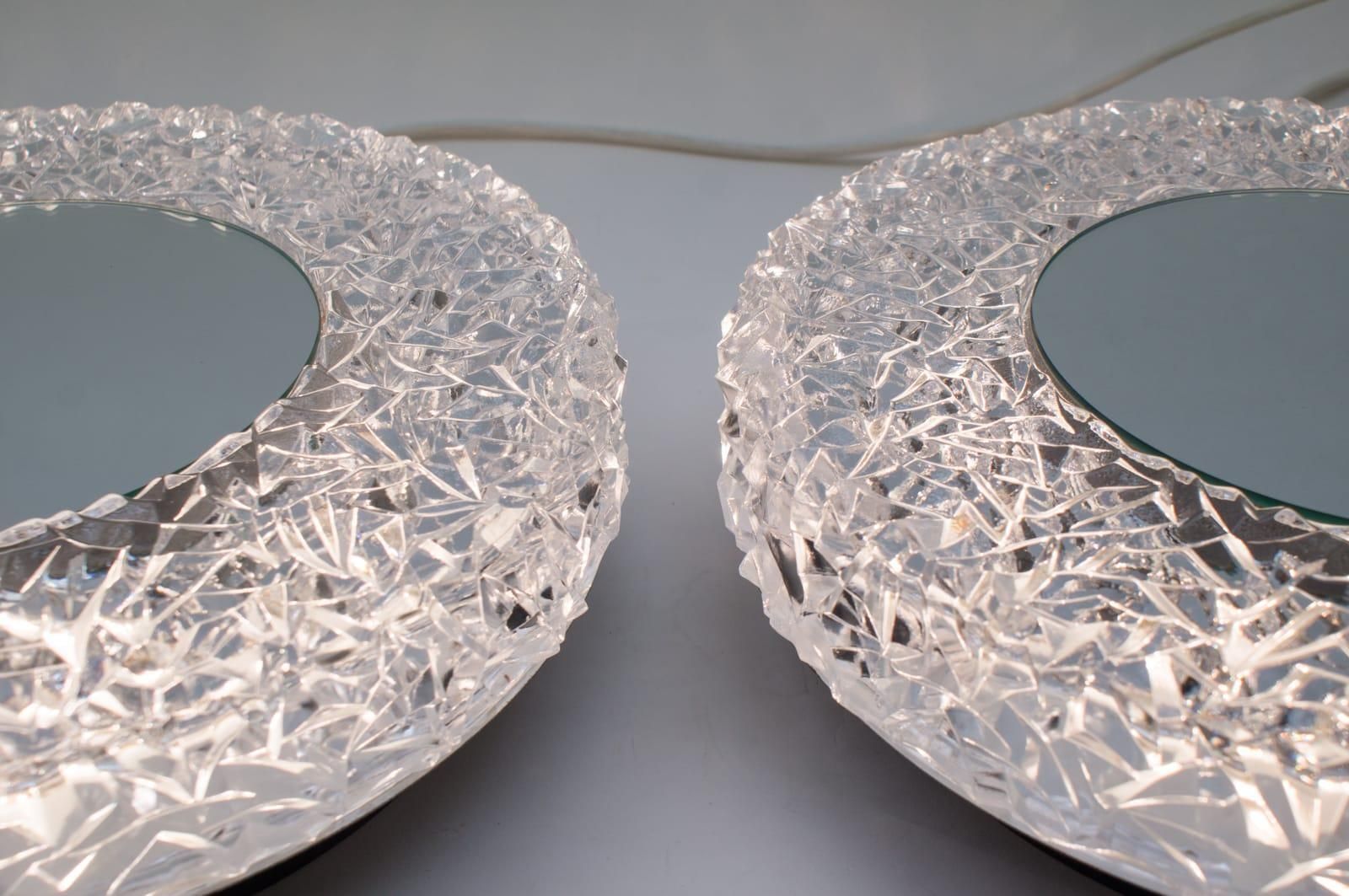 photo for sale Set Of 2 Textured Glass And Mirror Ceiling Wall Flushmounts, Hillebrand, 1960s