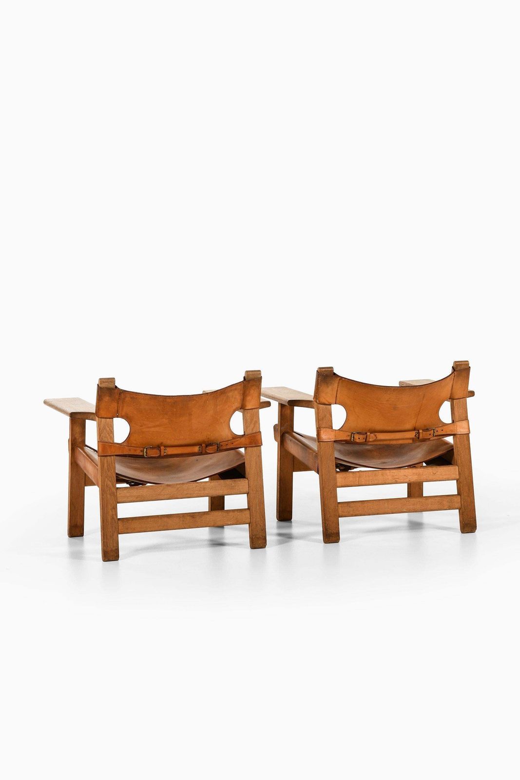 Pair Of Easy Chairs In Oak And Cognac Brown Leather By Børge Mogensen, 1950's photo for sale