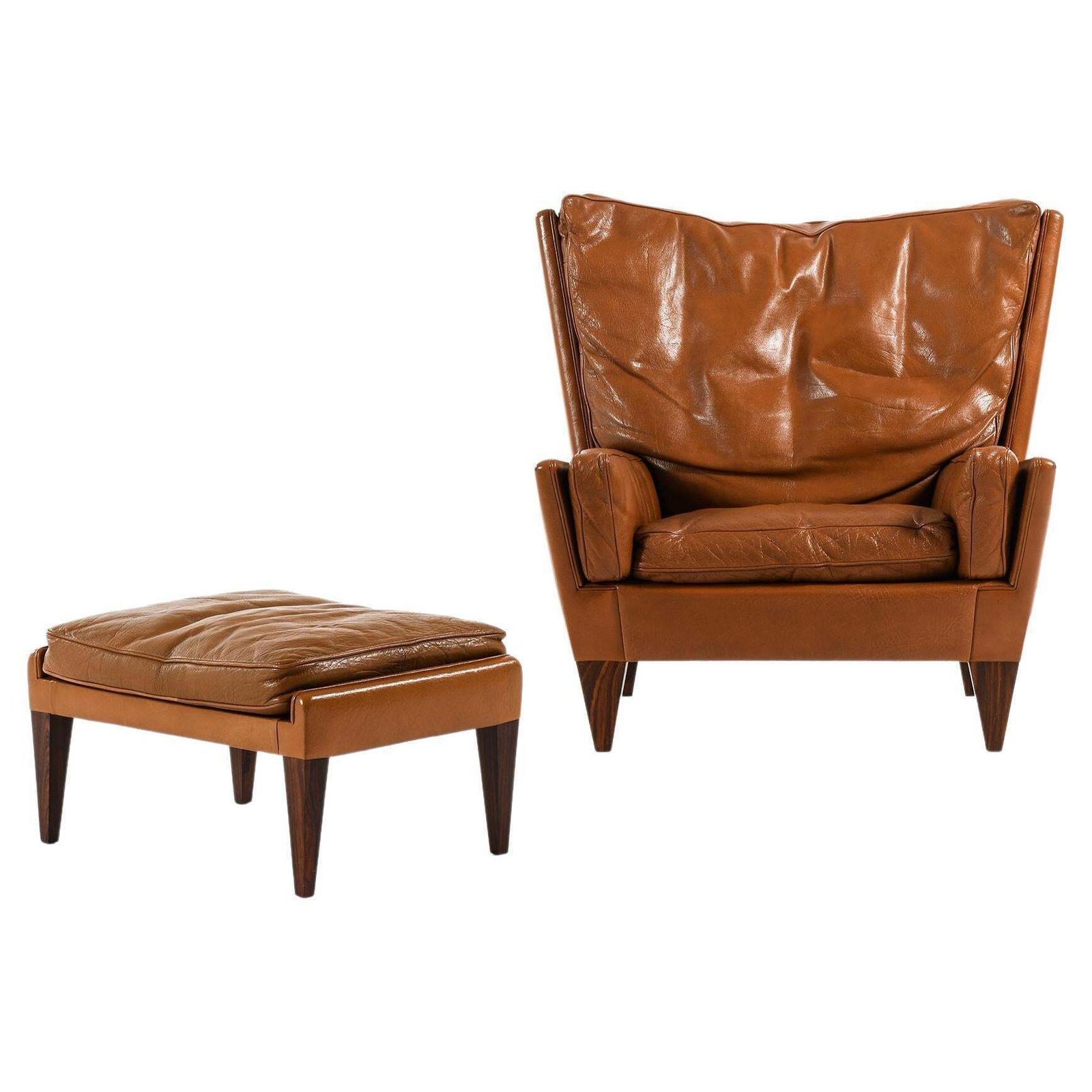 Easy Stool And Chair In Rosewood With Brown Leather By Illum Wikkelsø, 1960's