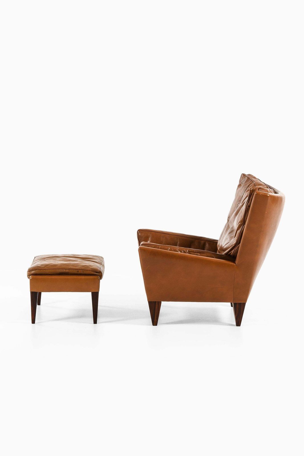 Easy Stool And Chair In Rosewood With Brown Leather By Illum Wikkelsø, 1960's photo for sale
