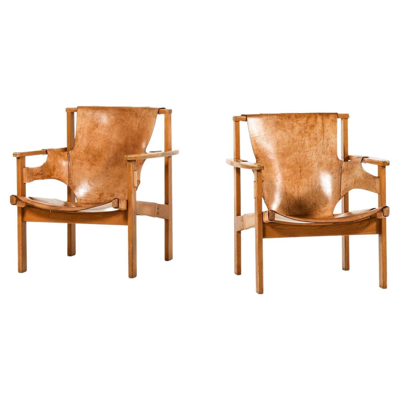 Pair Of Trienna Easy Chairs In Oak & Original Leather By Carl Axel Acking, 1957