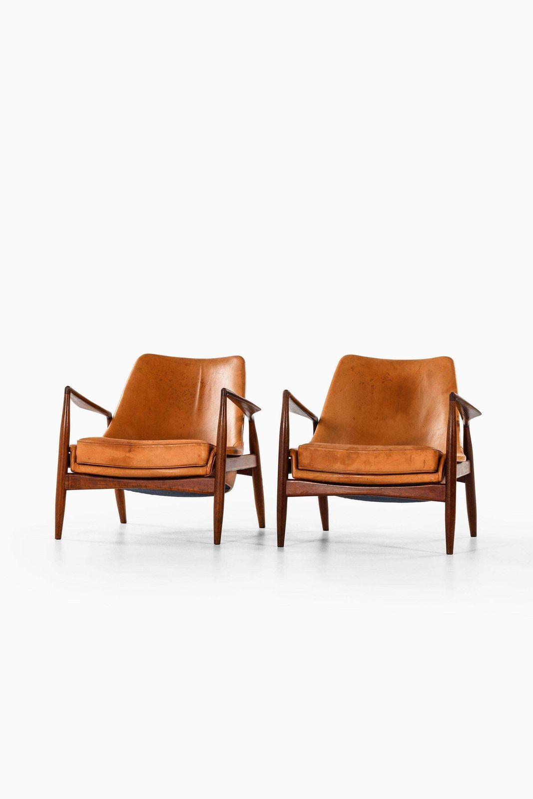 Pair Of Easy Chairs In Teak And Leather By Ib Kofod Larsen, 1950s photo for sale