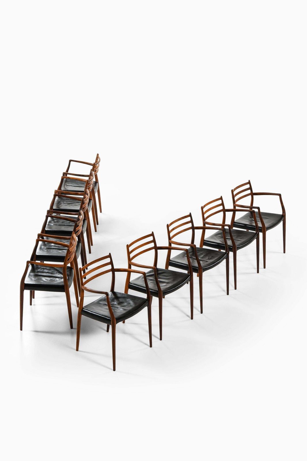 Set Of 10 Armchairs In Rosewood And Black Leather By Niels Otto Møller, 1960's photo Furniture