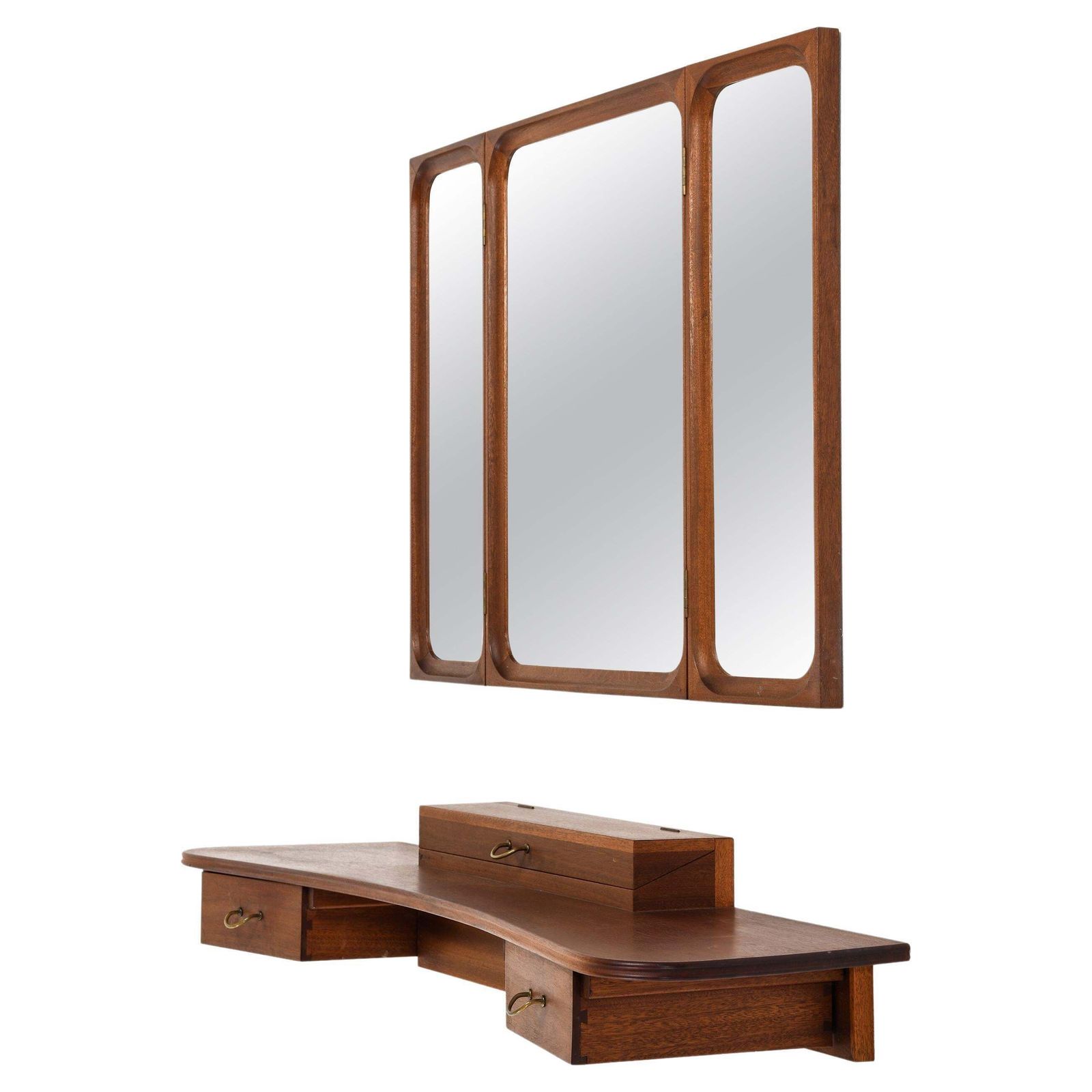 Set Of Vanity With Mirror In Mahogany And Brass By Frode Holm, 1950s