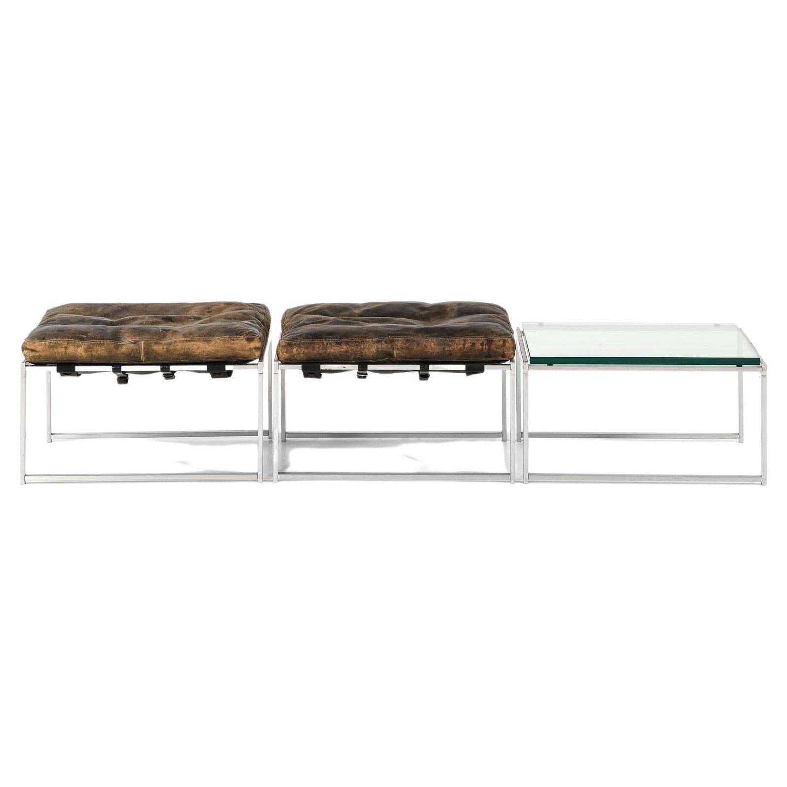 Jörgen Høj Set Of 2 Stools & Side Table In Aluminium, Glass And Leather, 1960s