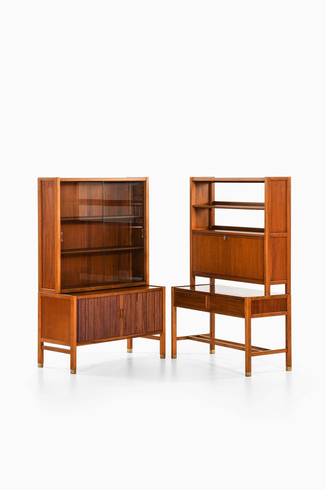 Pair Of Cabinets In Walnut, Brass And Glass By Carl Axel Acking, 1950's photo for sale