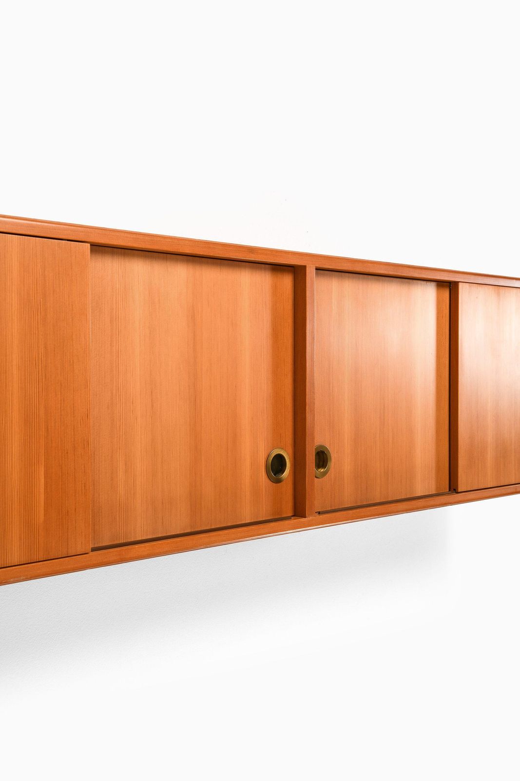Rare Mid Century Danish Wall Mounted Sideboard In Oregon Pine And Brass, 1950's photo Furniture