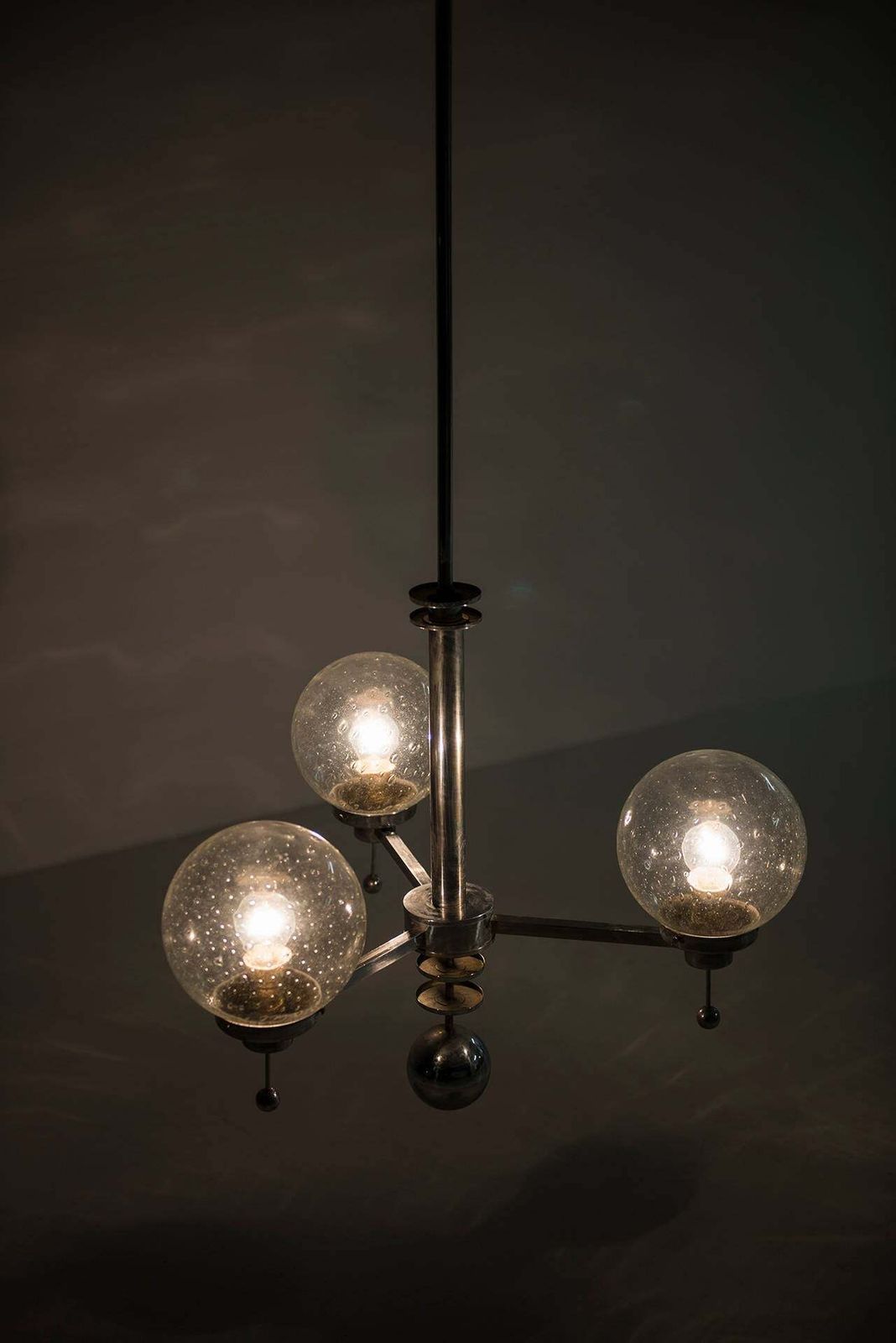 Pair Of Big Art Deco Ceiling Lamps Chandelier In Chromed Steel Glass Bowls photo 7219.0