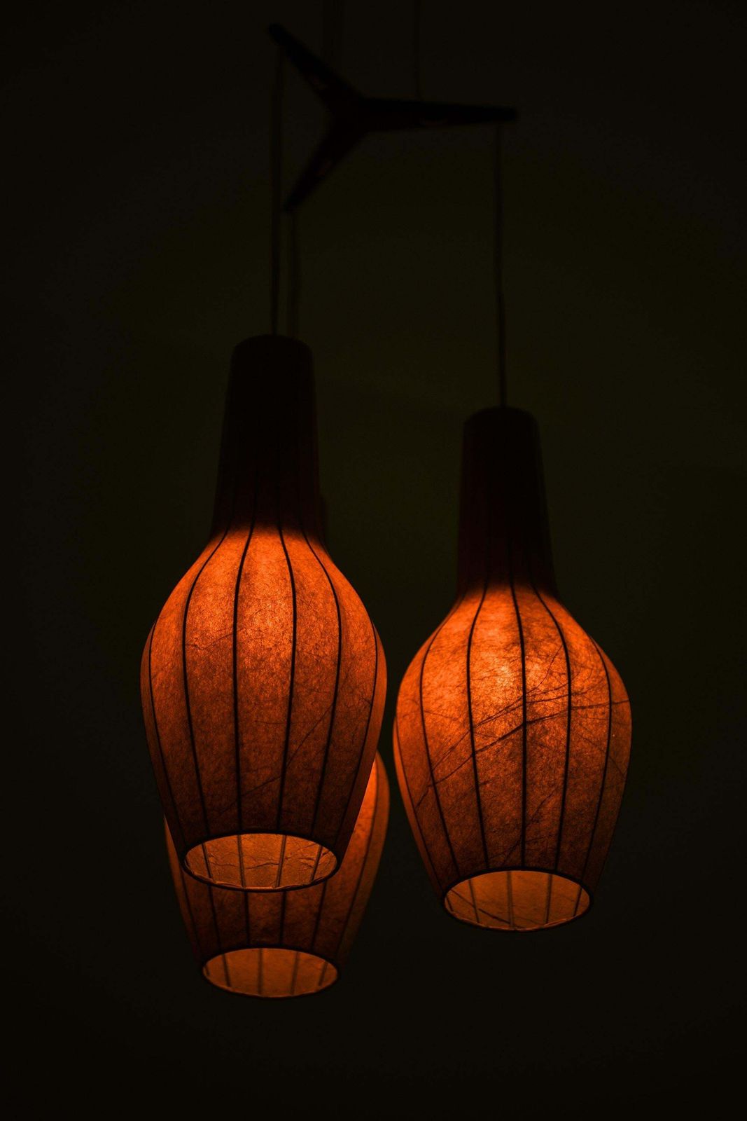 Ceiling Lamp Pendant In Teak And Original Lamp Shades By Hans Bergström, 1950's photo buy
