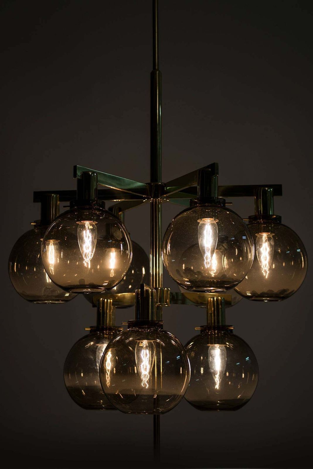 Hans Agne Jakobsson Ceiling Lamp Chandelier Pendant Brass Smoked Glass 1950 photo vinterior