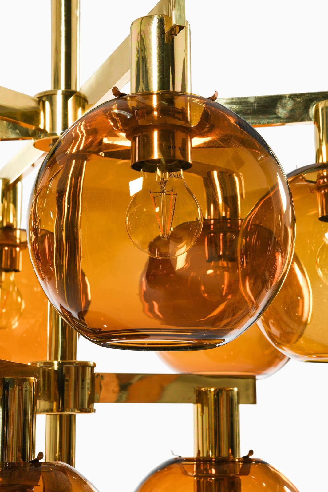 Ceiling Lamp Chandelier In Brass And Amber Glass By Hans Agne Jakobsson, 1950's photo Lighting