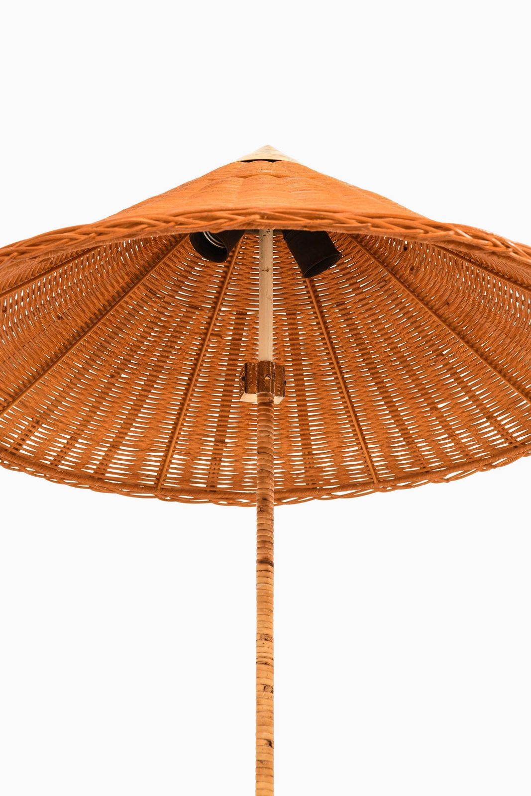 Pair Of Floor Lamps In Brass, Cane And Rattan Shades By Paavo Tynell, 1950's photo for sale