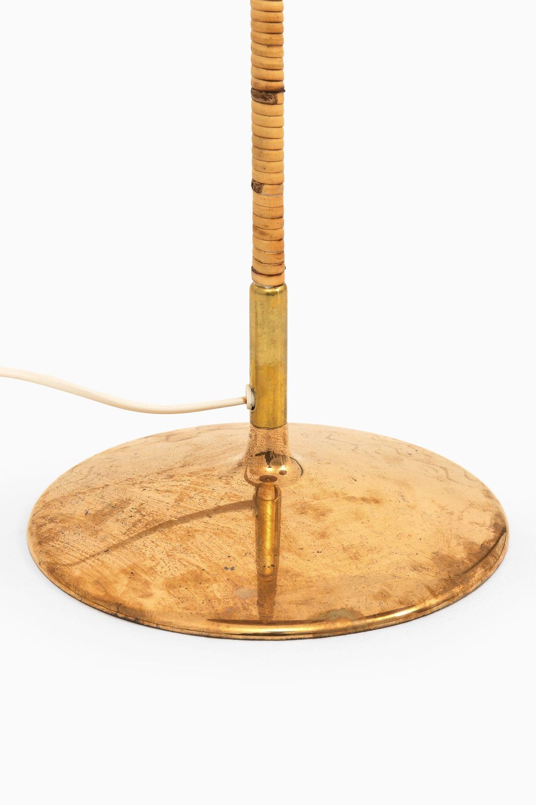 Pair Of Floor Lamps In Brass, Cane And Rattan Shades By Paavo Tynell, 1950's photo vinterior