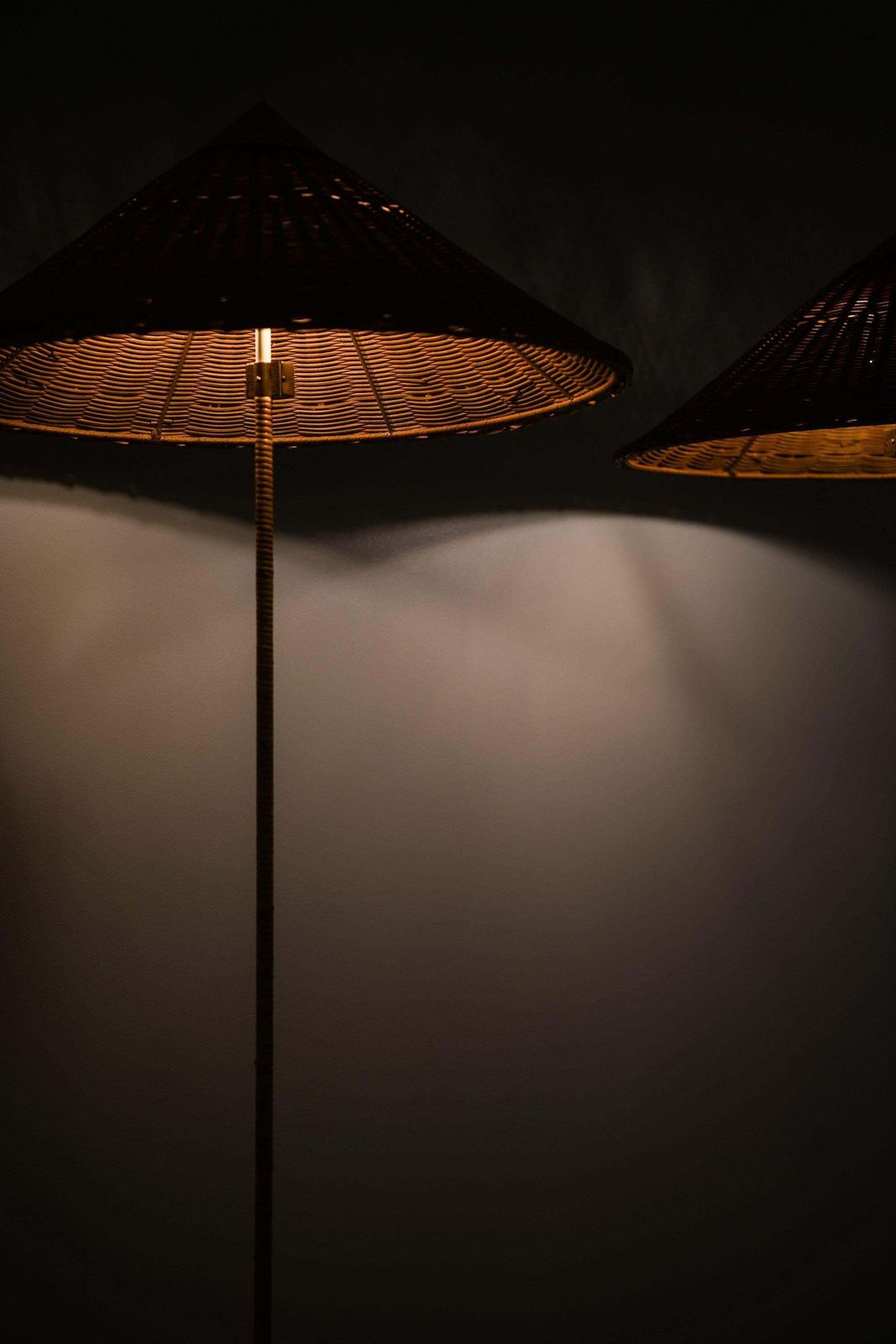 Lighting Pair Of Floor Lamps In Brass, Cane And Rattan Shades By Paavo Tynell, 1950's photo