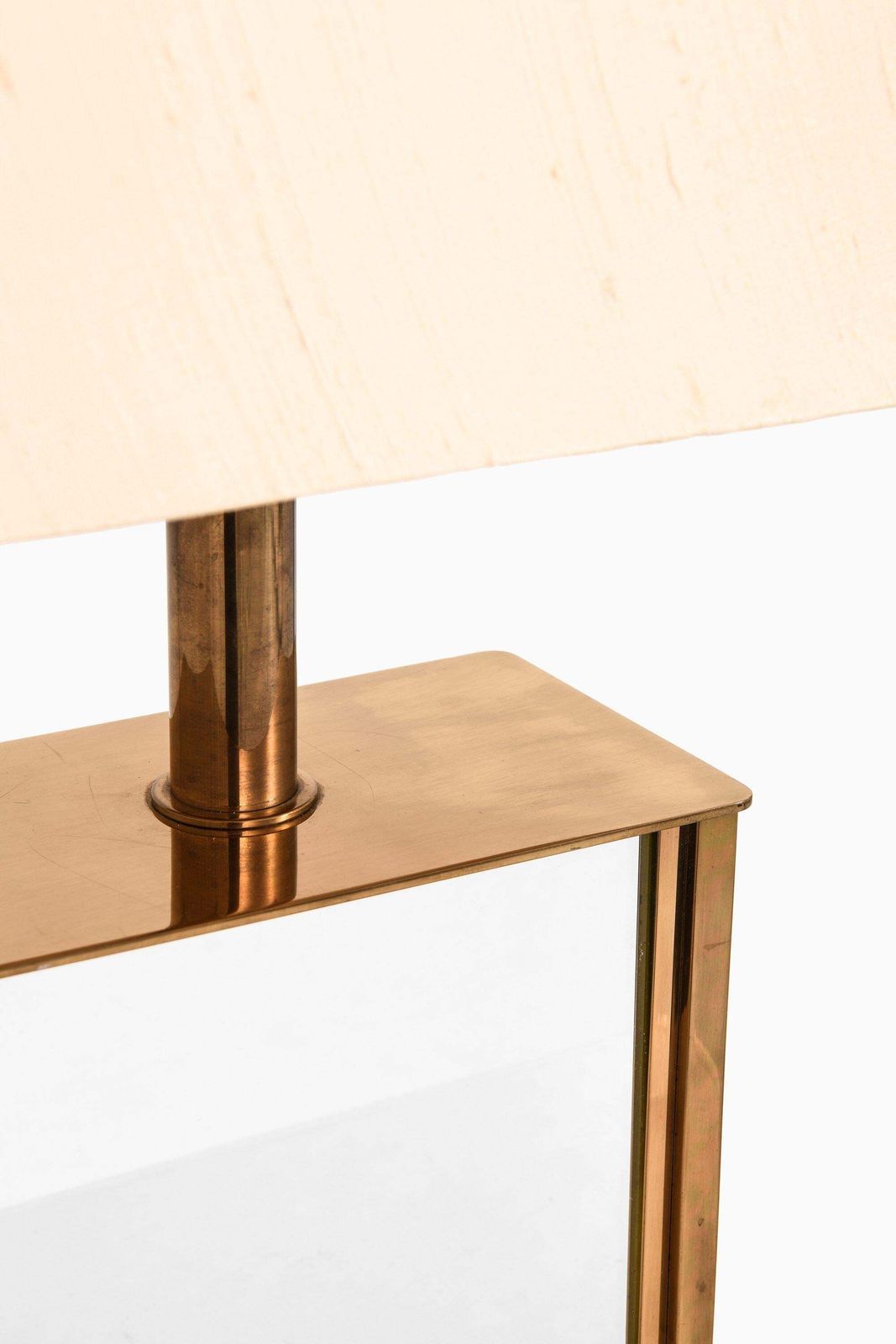 Pair Of Bergboms Table Lamps In Brass, Mirrored Glass And Silk Shades, 1970's photo vinterior