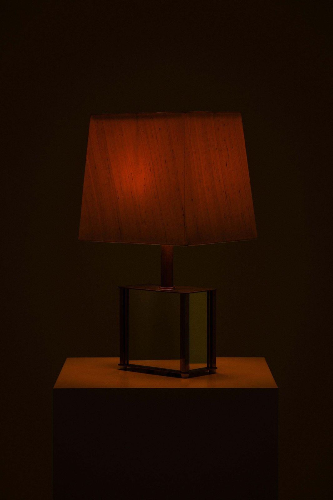 Pair Of Bergboms Table Lamps In Brass, Mirrored Glass And Silk Shades, 1970's photo vintage