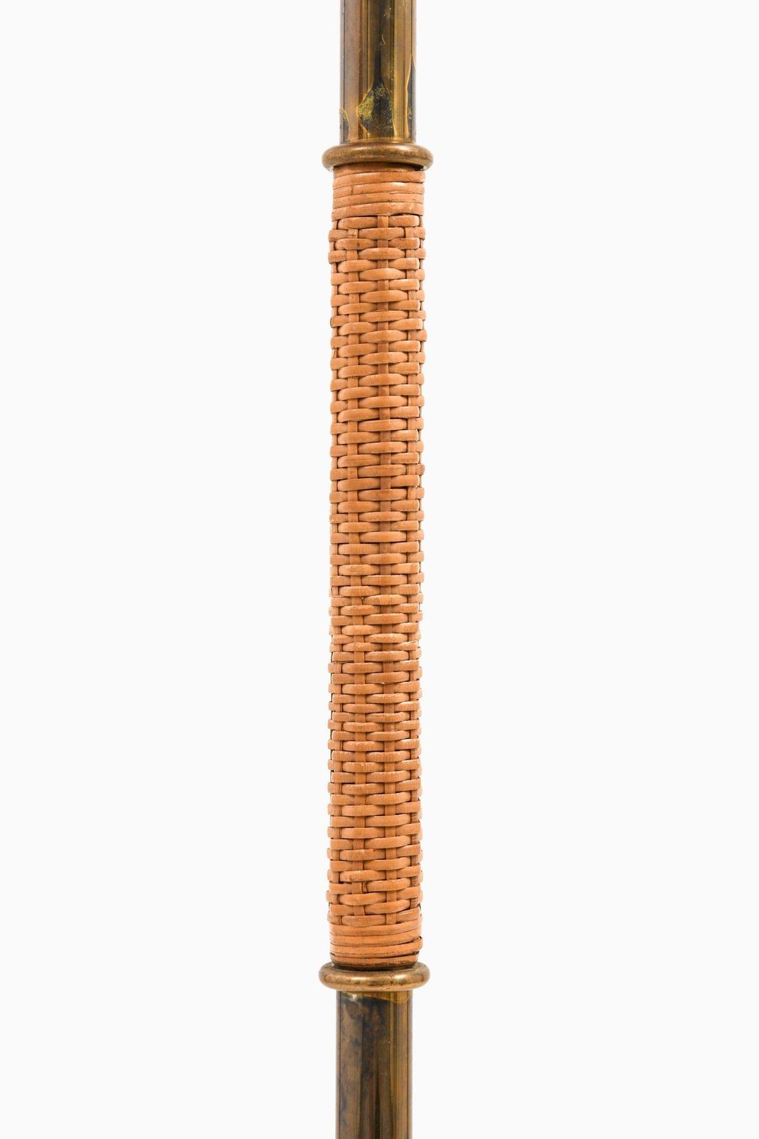 Height Adjustable Floor Lamp In Brass, Woven Cane And Rattan Shade, 1940's photo vinterior