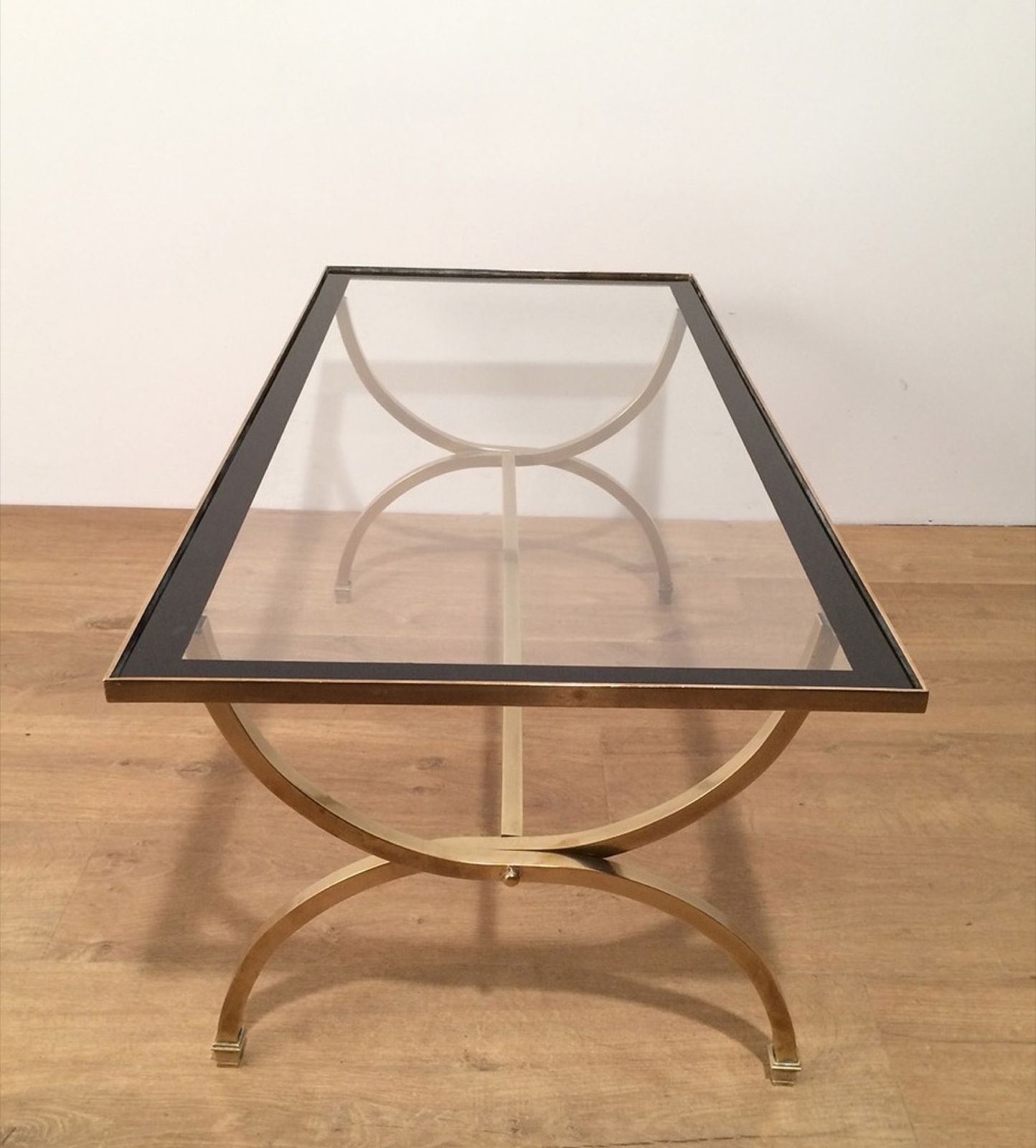 Brass Coffee Table With Clear Glass Top And Black Lacquered Rim From Maison Jansen photo furniture