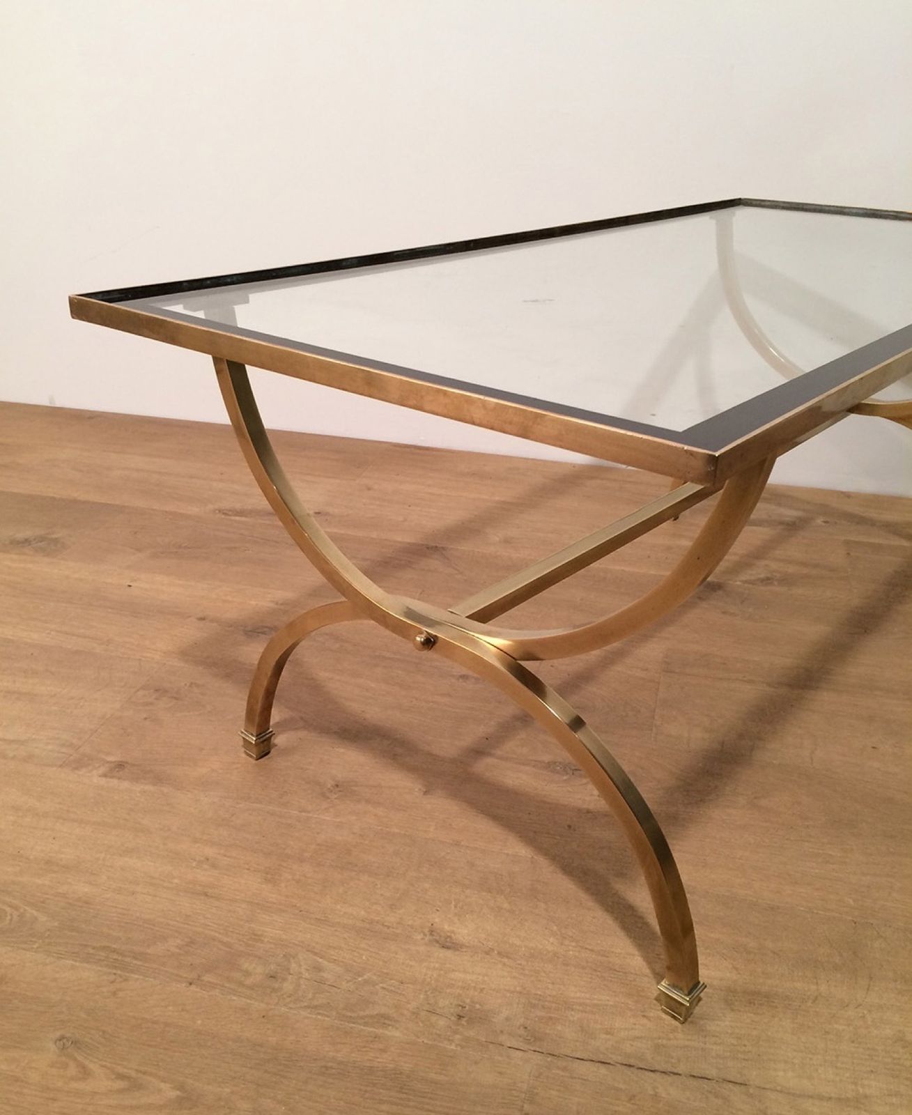 Brass Coffee Table With Clear Glass Top And Black Lacquered Rim From Maison Jansen photo vinterior