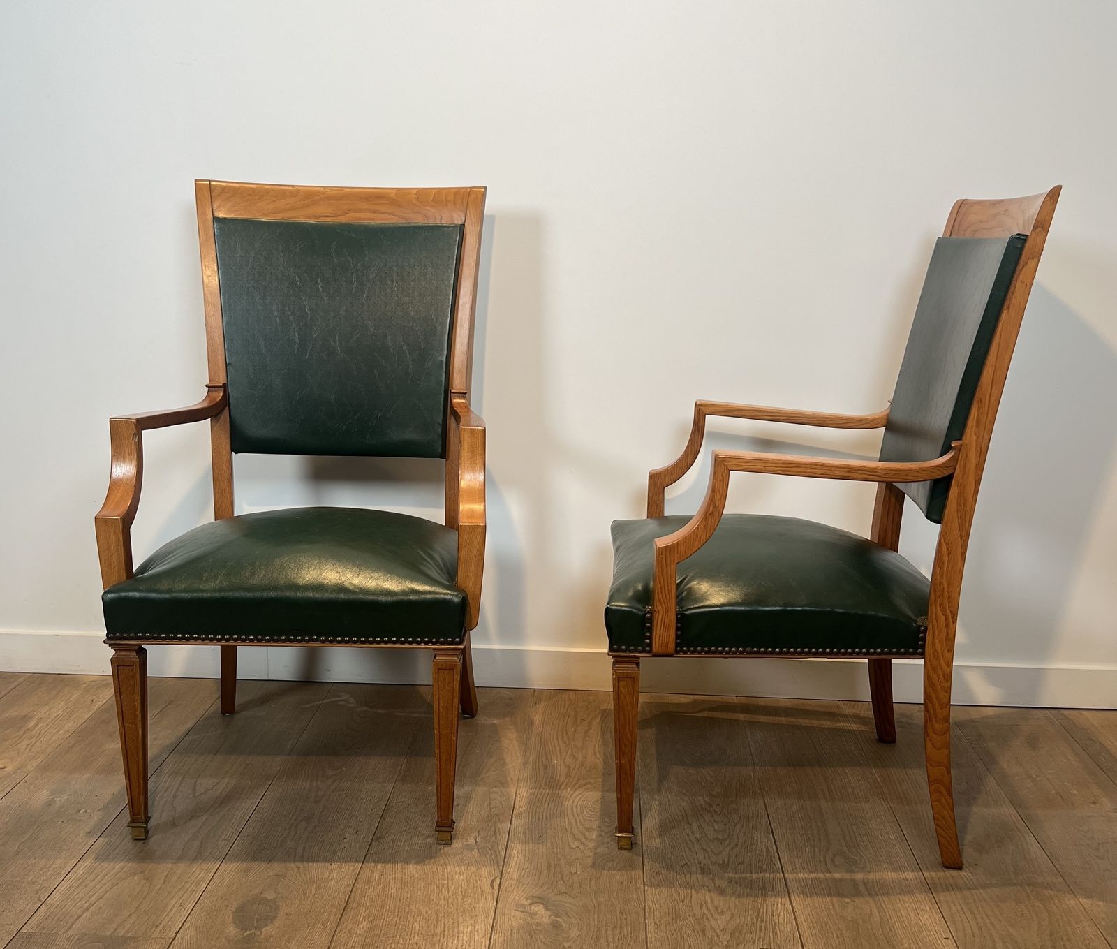 Pair Of Art Deco Oak And Leather Armchairs By De Coene Frères photo for sale
