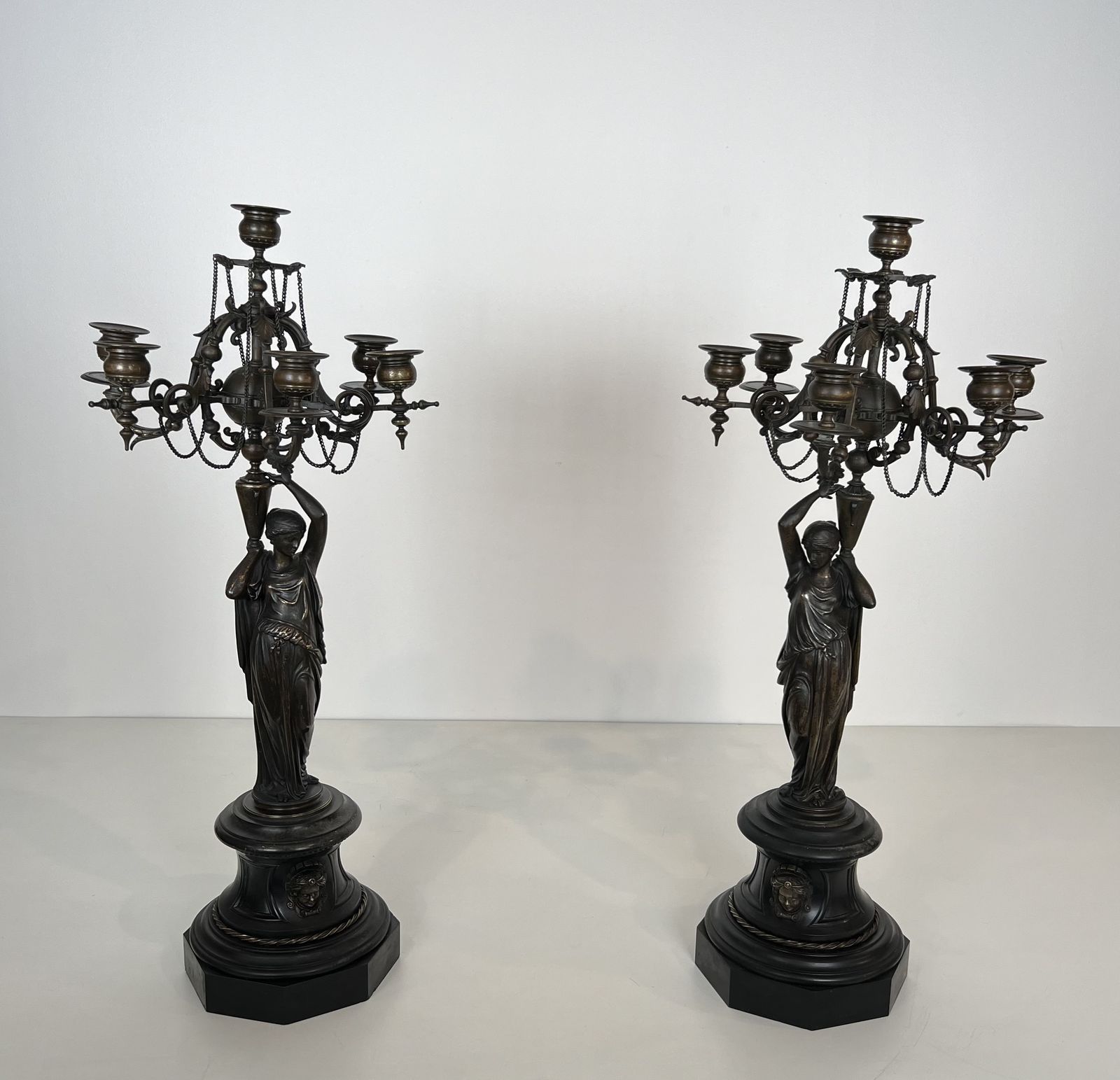 Pair Of Important Patinated Bronze Candelabras Featuring Caryatids Holding 5 Candlesticks In The Louis Valentin Elias Robert Style