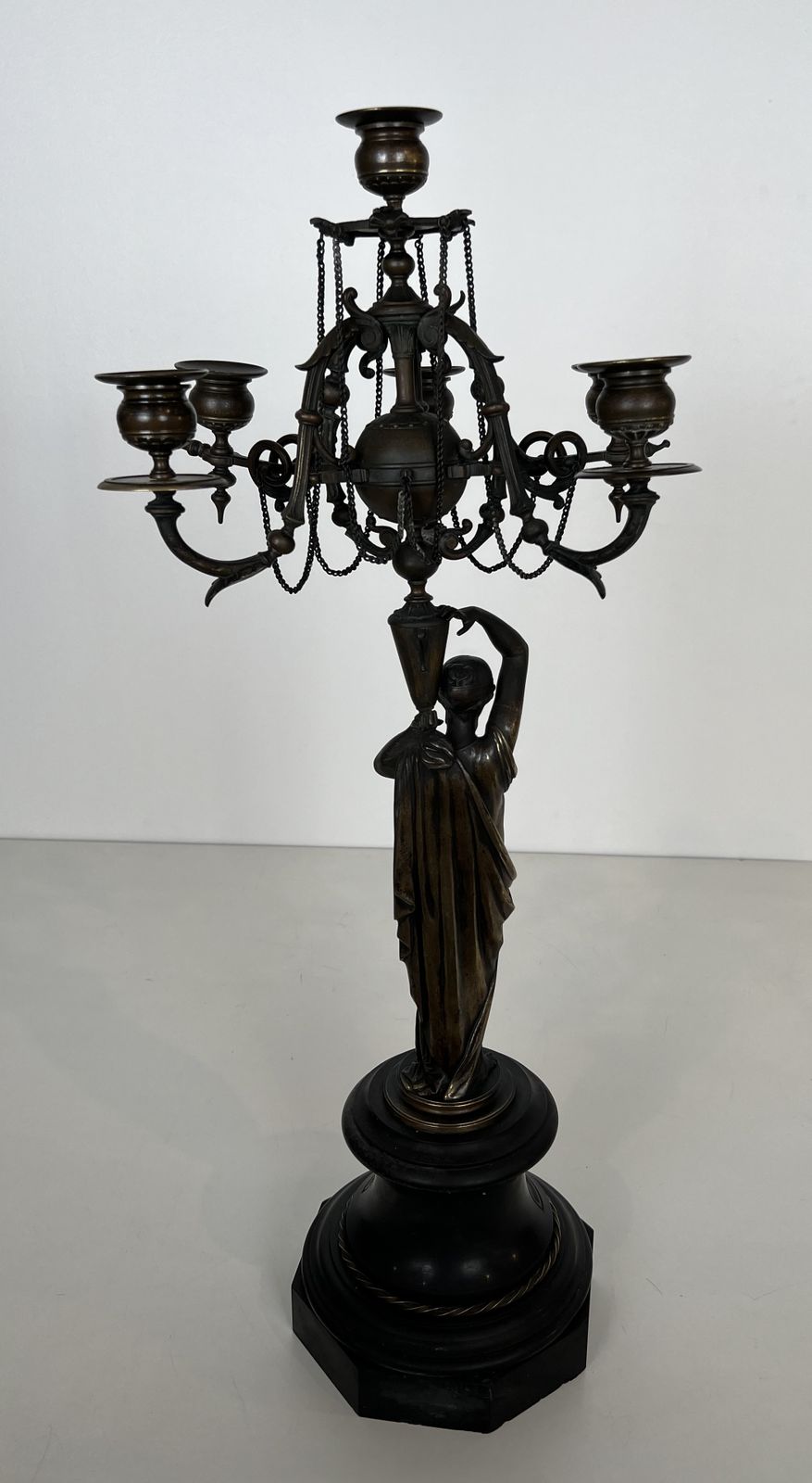 photo buy Pair Of Important Patinated Bronze Candelabras Featuring Caryatids Holding 5 Candlesticks In The Louis Valentin Elias Robert Style