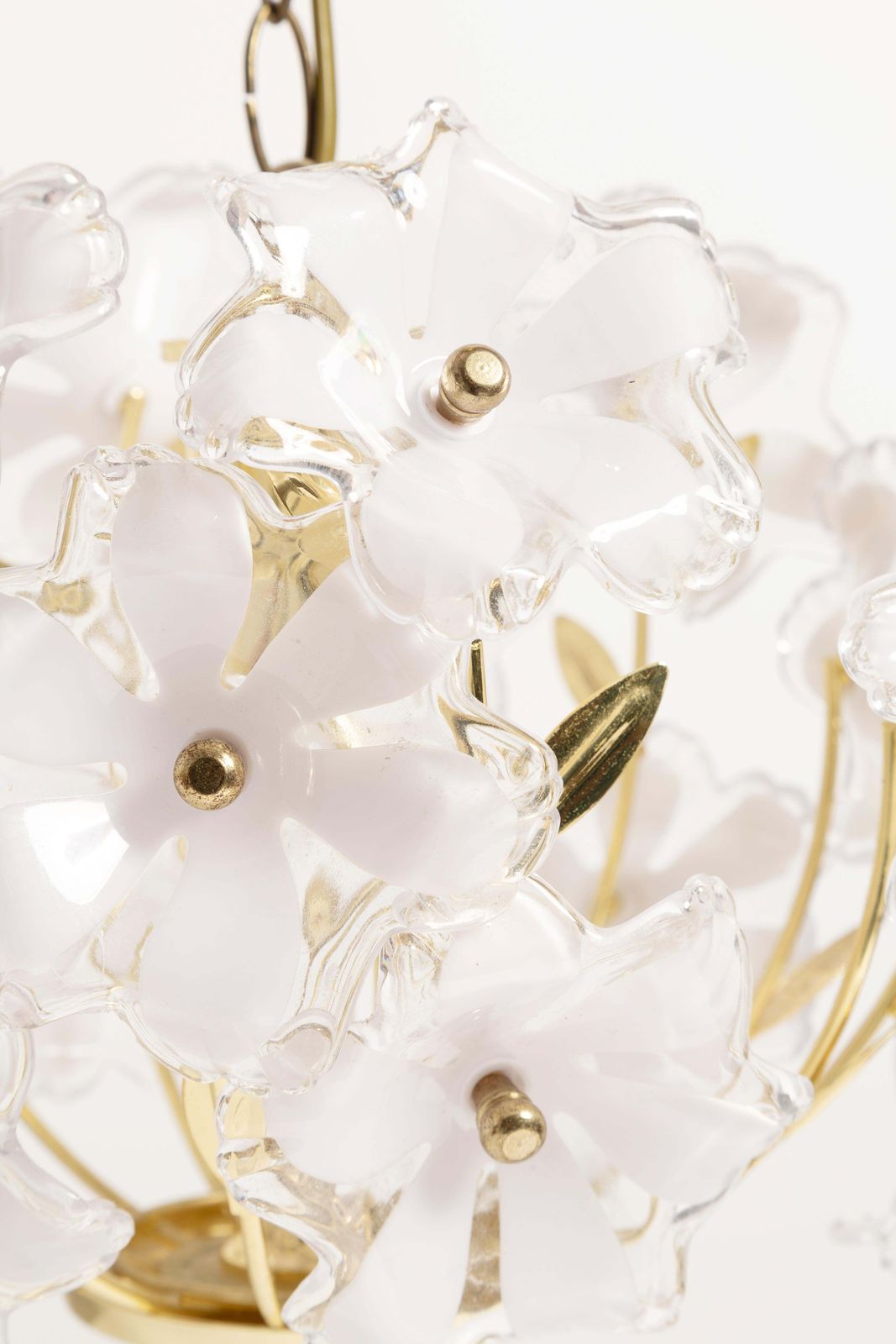 photo for sale Mid Century, Hollywood Regency Medium Ceiling Lamp, White Flowers, Italy, 1960s