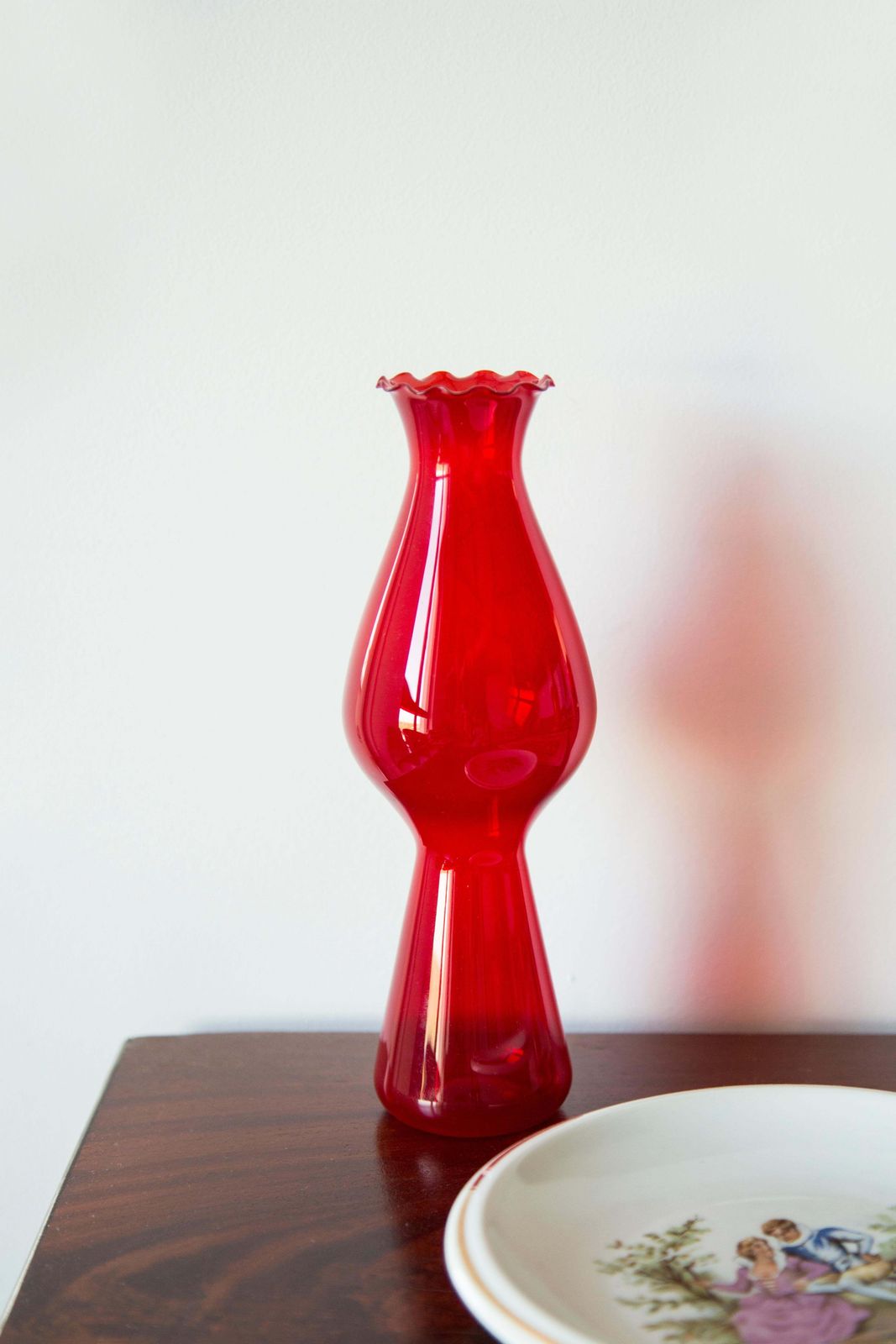 Mid Century Glass Slim Red Vase With A Frill, Europe, 1960s photo for sale