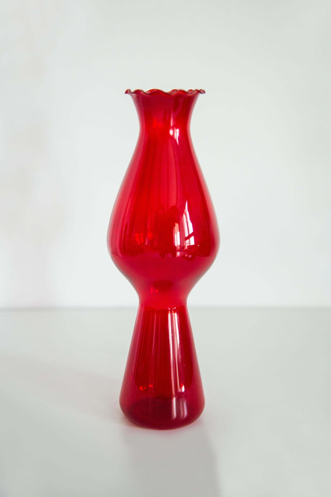Mid Century Glass Slim Red Vase With A Frill, Europe, 1960s photo 68.0