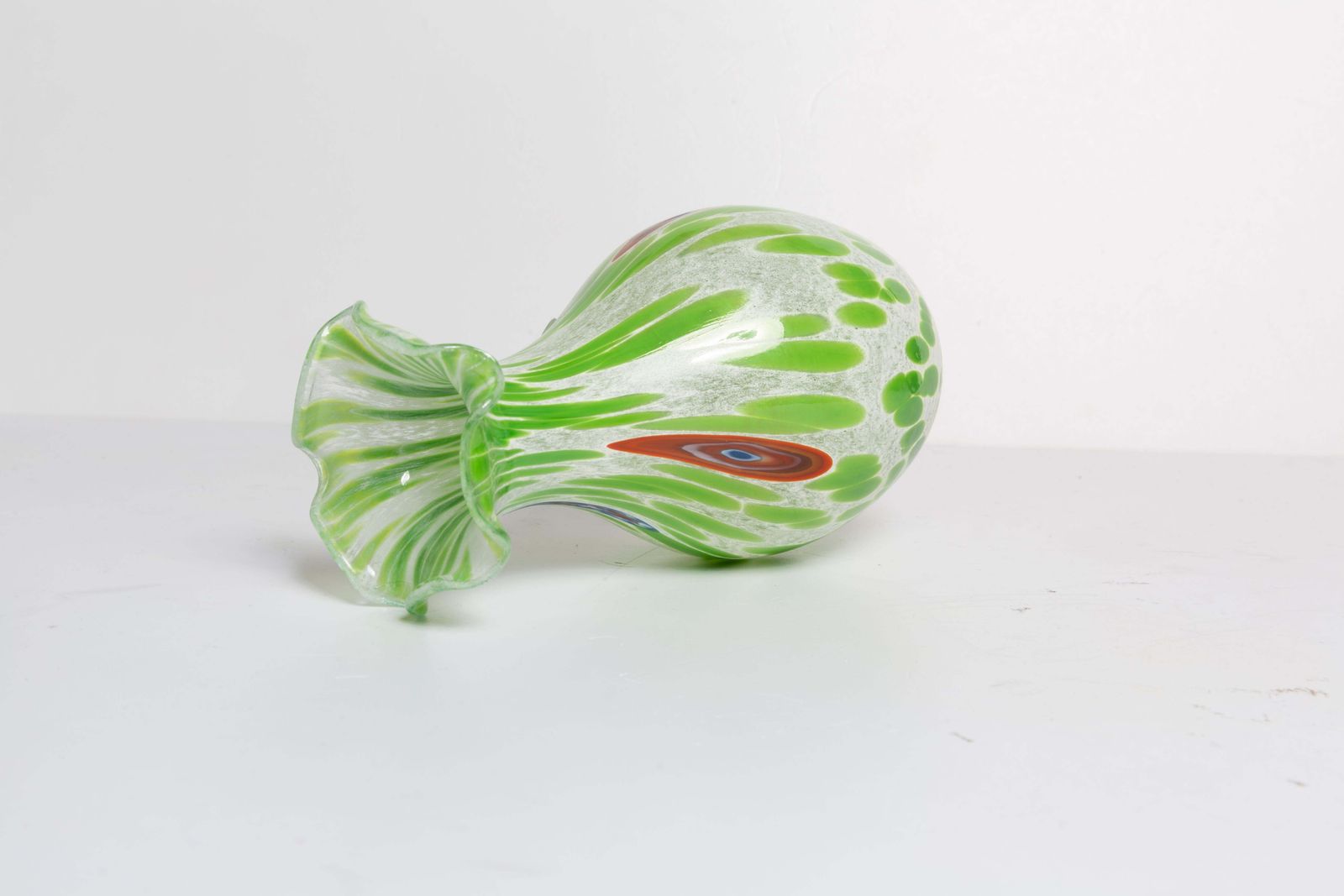 photo for sale Mid Century Vintage Green Dots Small Murano Vase, Italy, 1960s