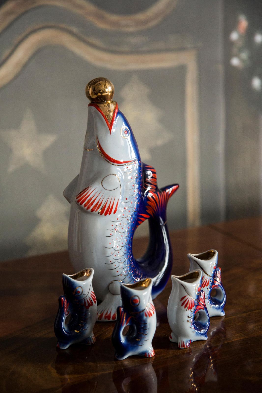Blue Fish Glass Decanter And Glasses, 20th Century, Europe, 1960s photo vinterior