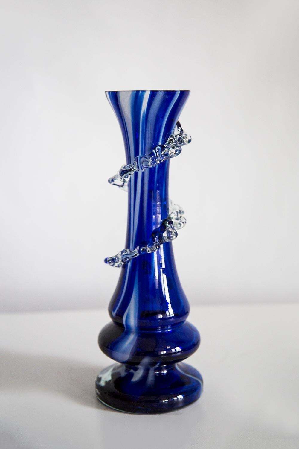 Mid Century Vintage Artistic Glass Dark Blue Vase, Europe, 1970s photo for sale