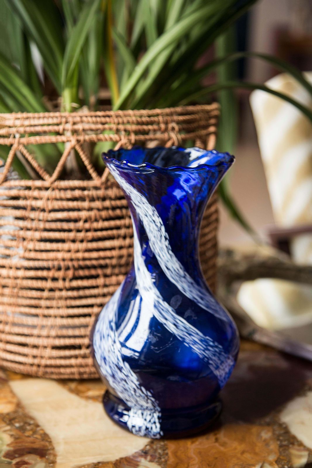 Mid Century Vintage Blue And White Artistic Glass Vase, Europe, 1970s photo for sale