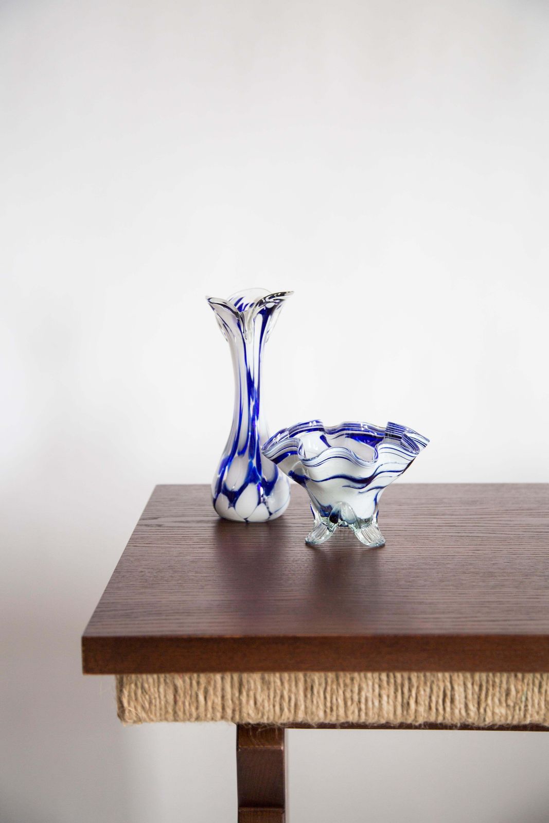 Mid Century Vintage Artistic Glass White And Blue Vase, Europe, 1970s photo for sale