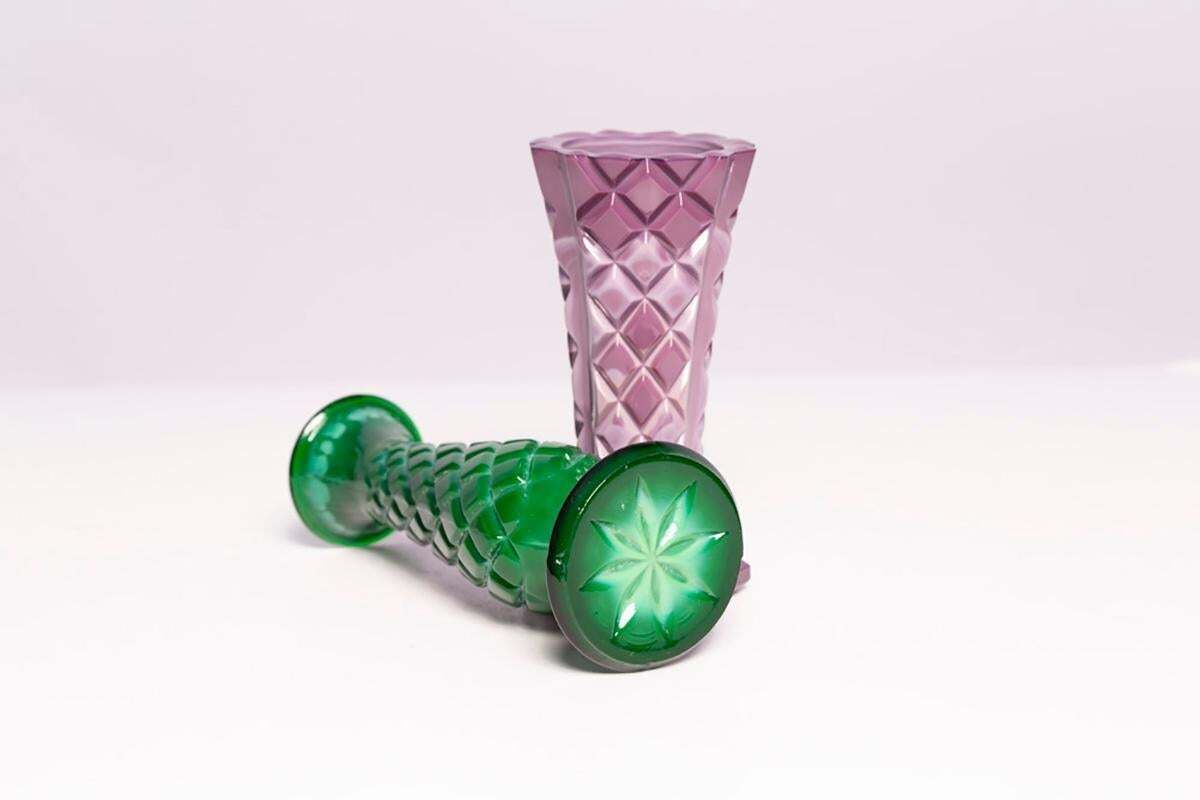 photo for sale Set Of Two Mid Century Green And Purple Artistic Mini Vases, Europe, 1960s