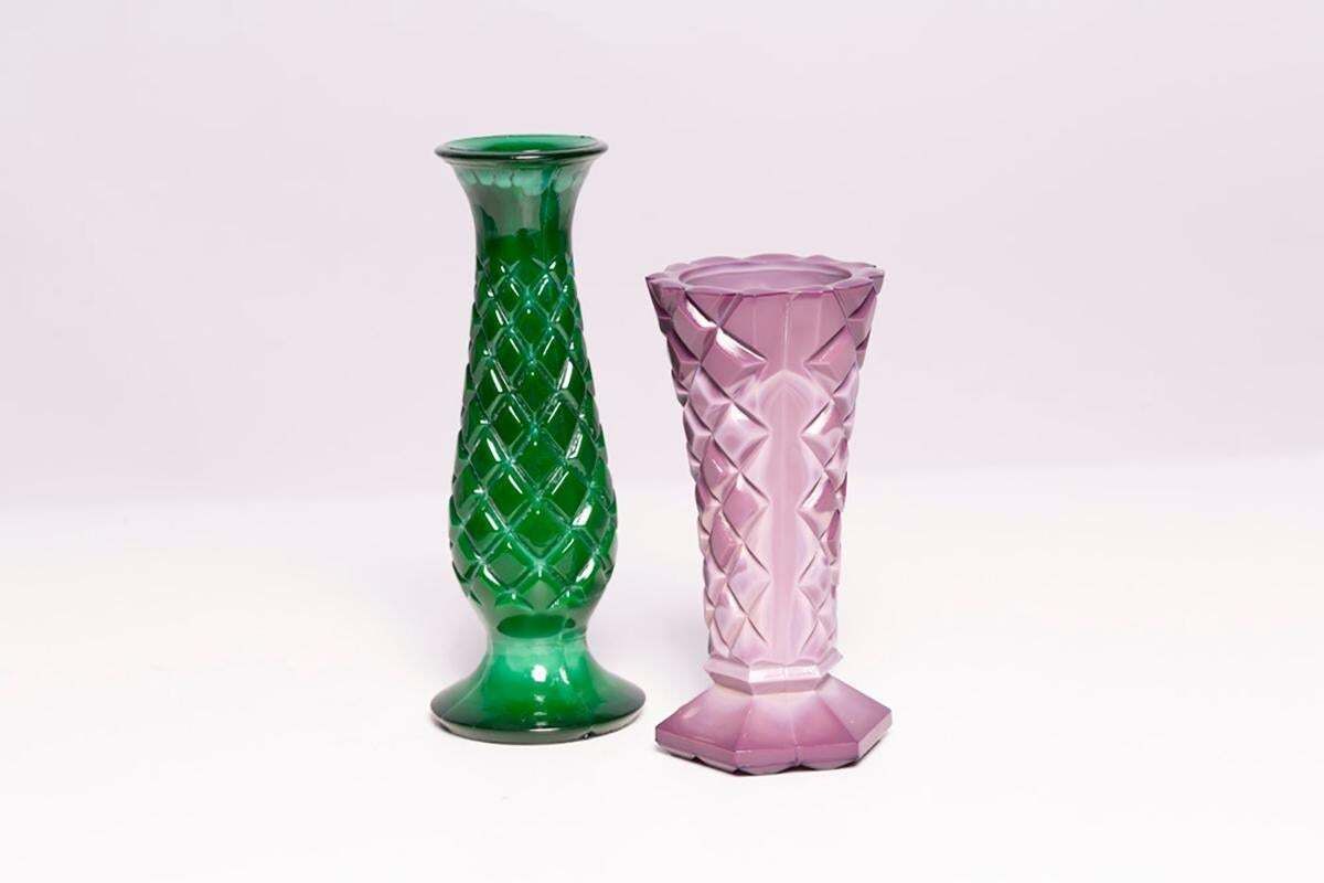 photo buy Set Of Two Mid Century Green And Purple Artistic Mini Vases, Europe, 1960s