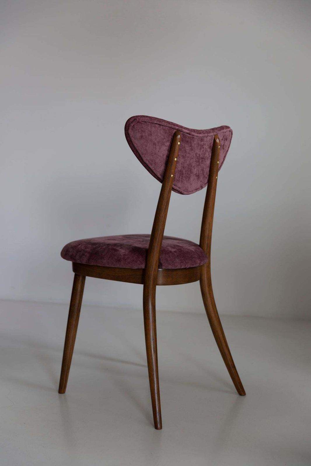 Midcentury Plum Violet Velvet, Walnut Wood Heart Chair, Europe, 1960s photo vinterior