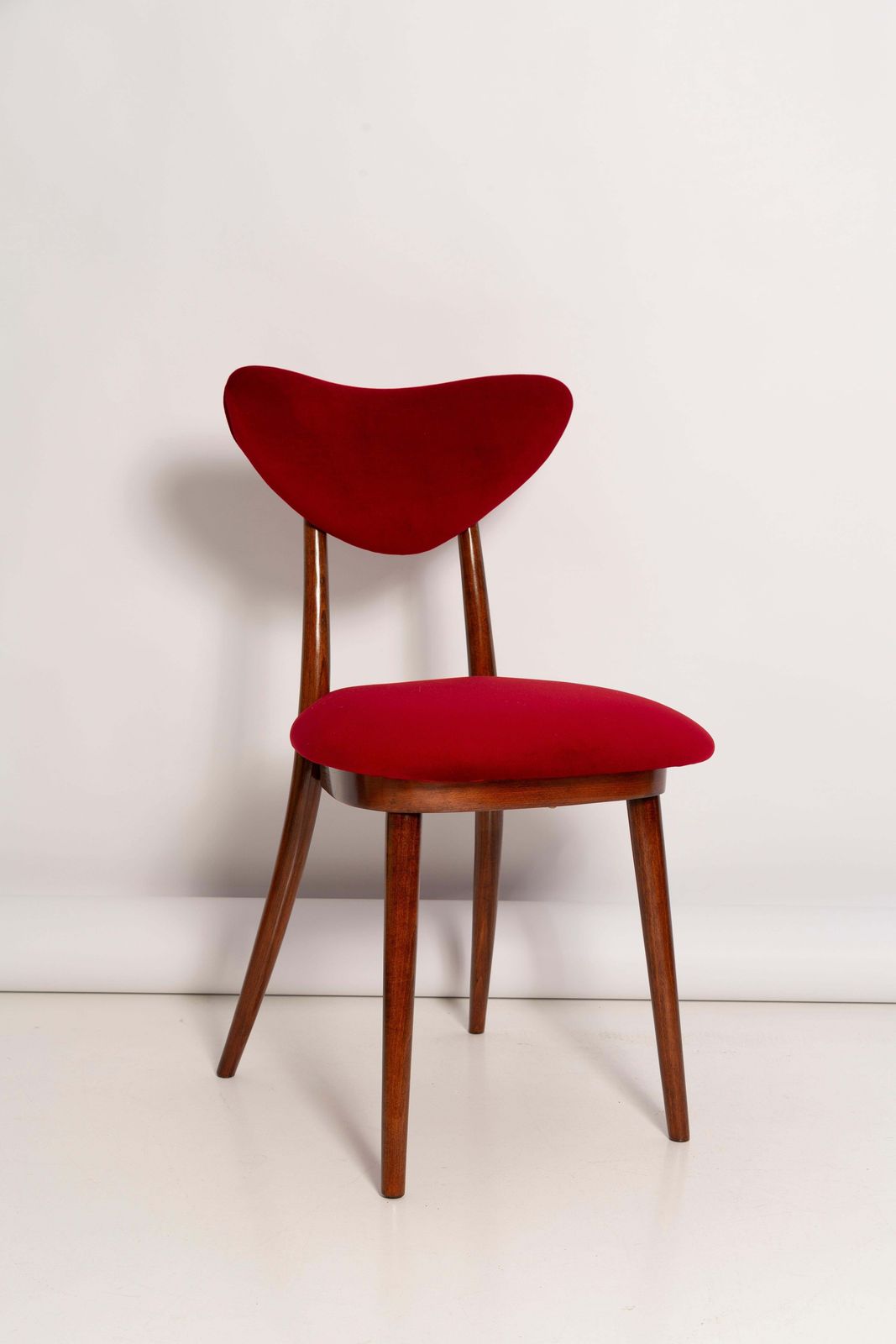 Mid Century Red Velvet, Walnut Wood, Heart Chair, Poland, 1960s photo vinterior