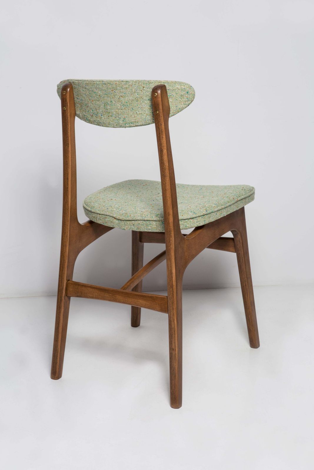 Mid Century Apple Green Wool Chair, Walnut Wood, Rajmund Halas, Poland, 1960s photo vinterior