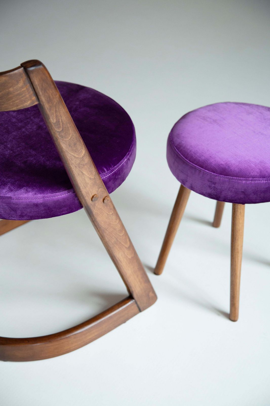 Midcentury Purple Velvet Halfa Chair And Stool, Baumann, France, 1970s photo vinterior