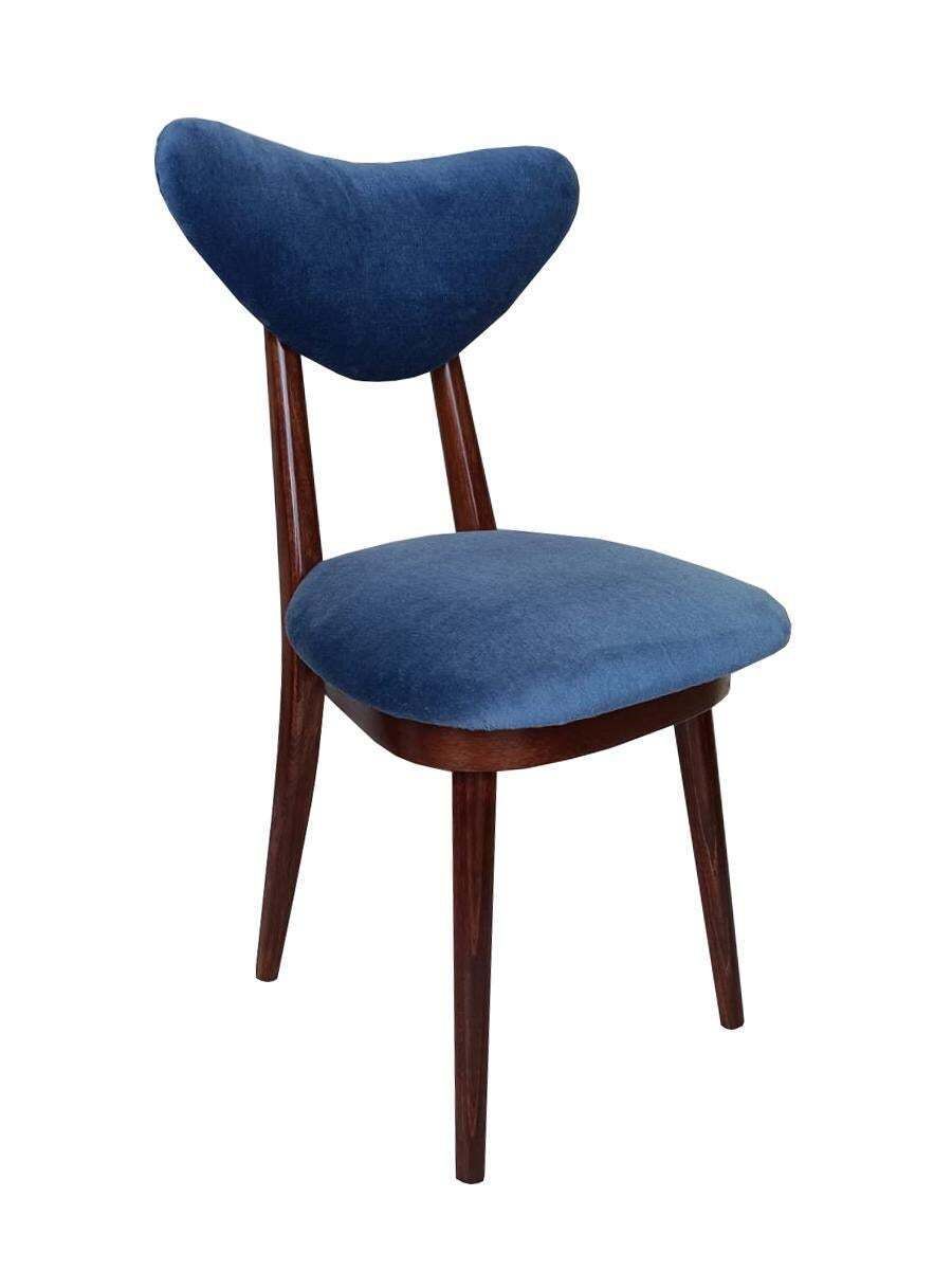 Mid Century Blue Velvet, Walnut Wood, Heart Chair, Poland, 1960s photo Furniture
