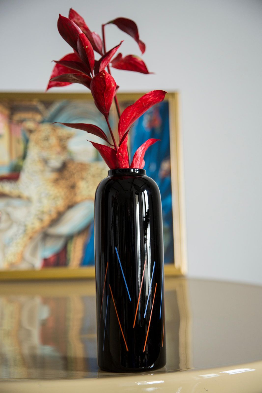 Unique Hand Painted Black And Blue Red Vase, 20th Century, Europe, 2000s photo for sale