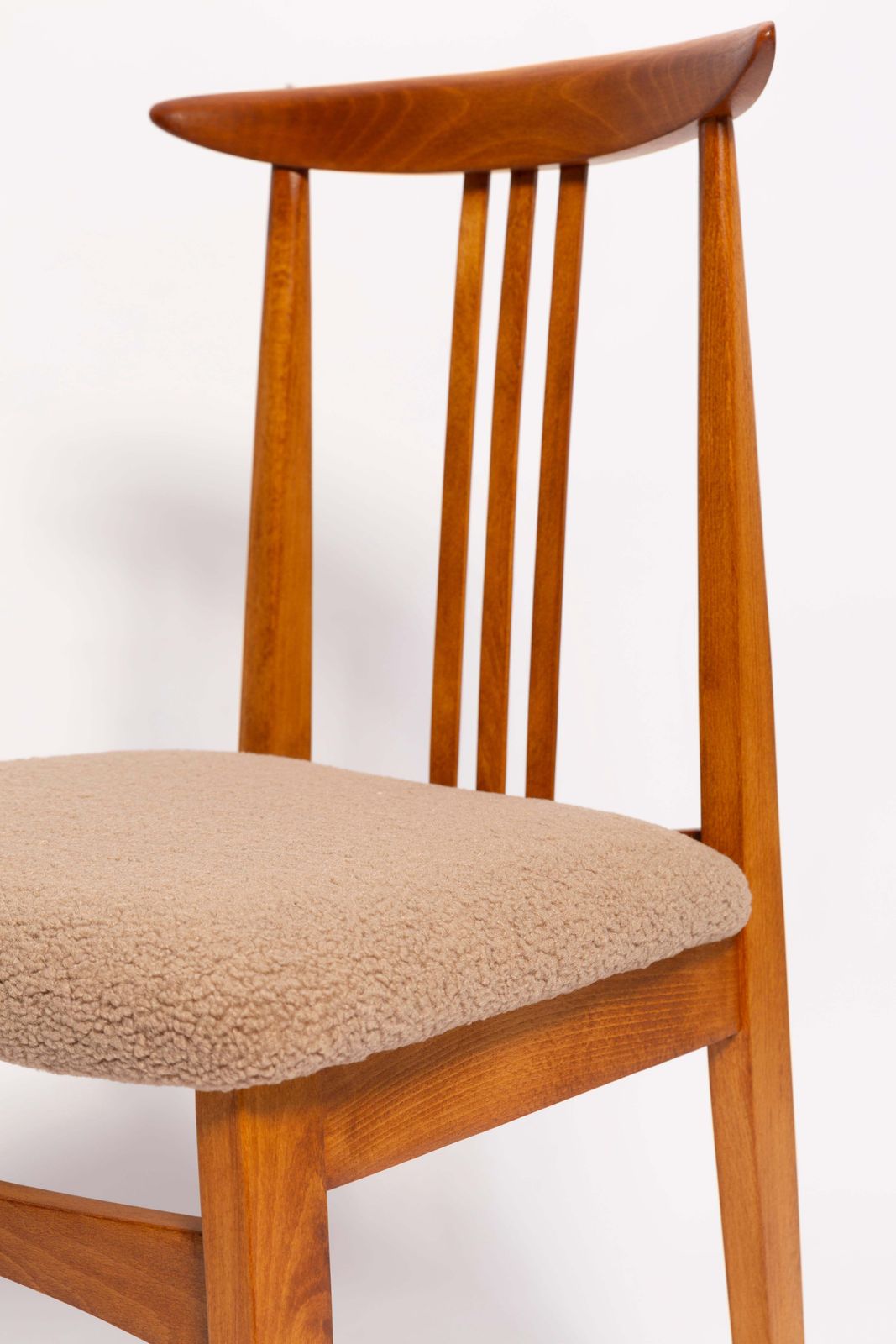 photo for sale Mid Century Latte Boucle Chair, Medium Wood, M. Zielinski, Europe 1960s