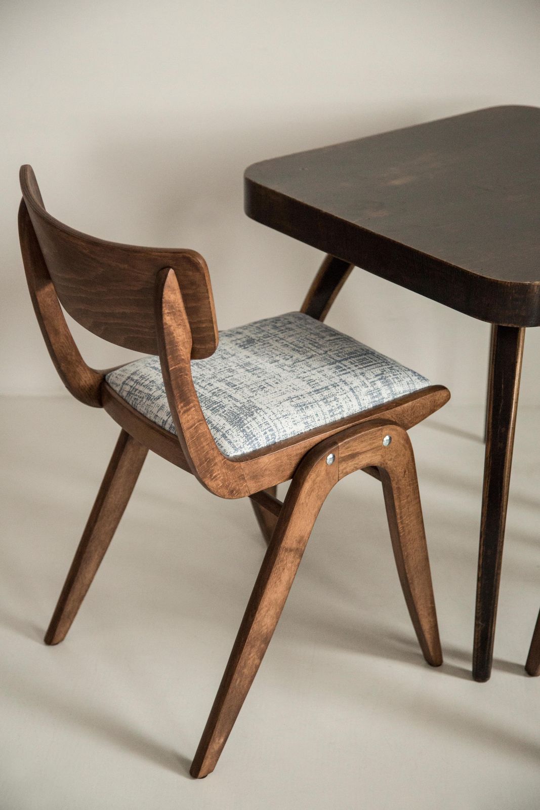 Midcentury White And Blue Linnen Boomerang Chair, Dark Wood, Poland, 1960s photo Furniture