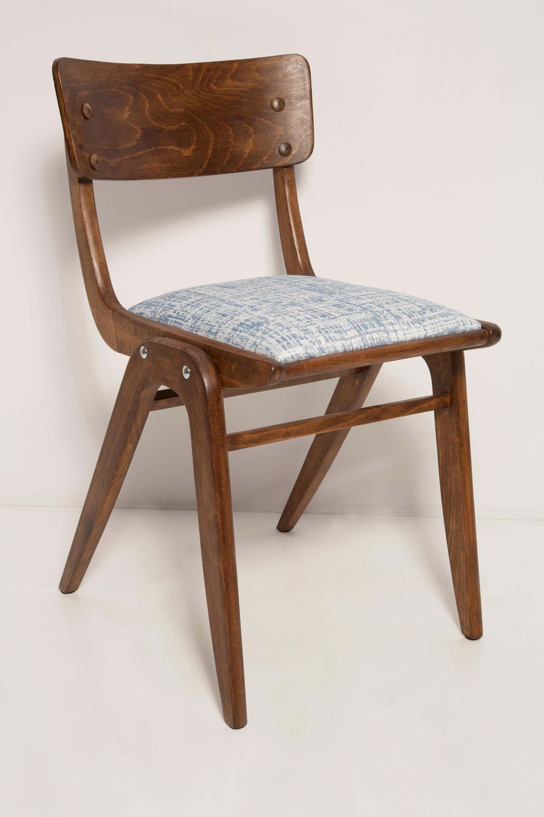 Midcentury White And Blue Linnen Boomerang Chair, Dark Wood, Poland, 1960s photo 485.0
