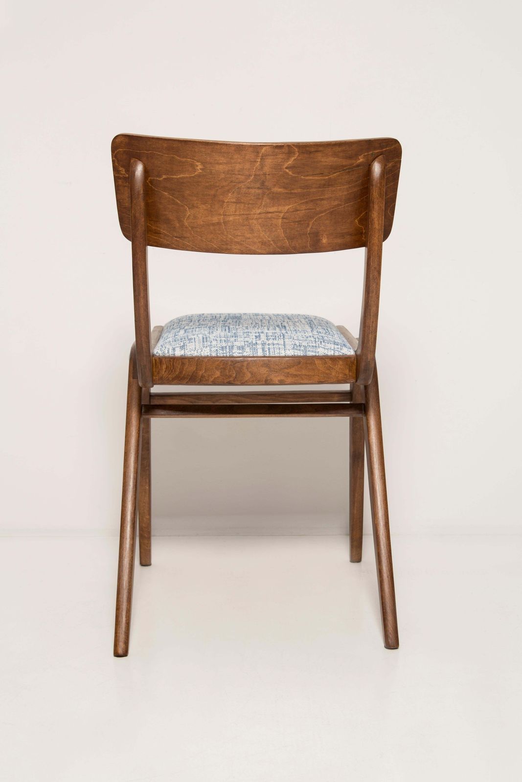 photo for sale Midcentury White And Blue Linnen Boomerang Chair, Dark Wood, Poland, 1960s